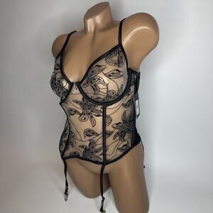 Frederick’s of Hollywood Black Sheer Embroidered Lace Corset Bustier Garter L